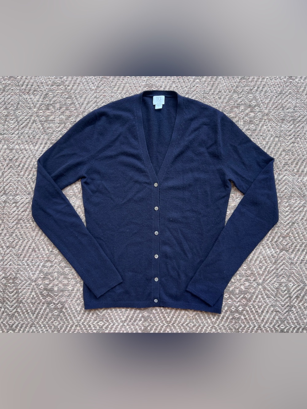 TSE Classic Cardigan S Navy Blue 100% Pure Cashmere V Neck Button Front Sweater